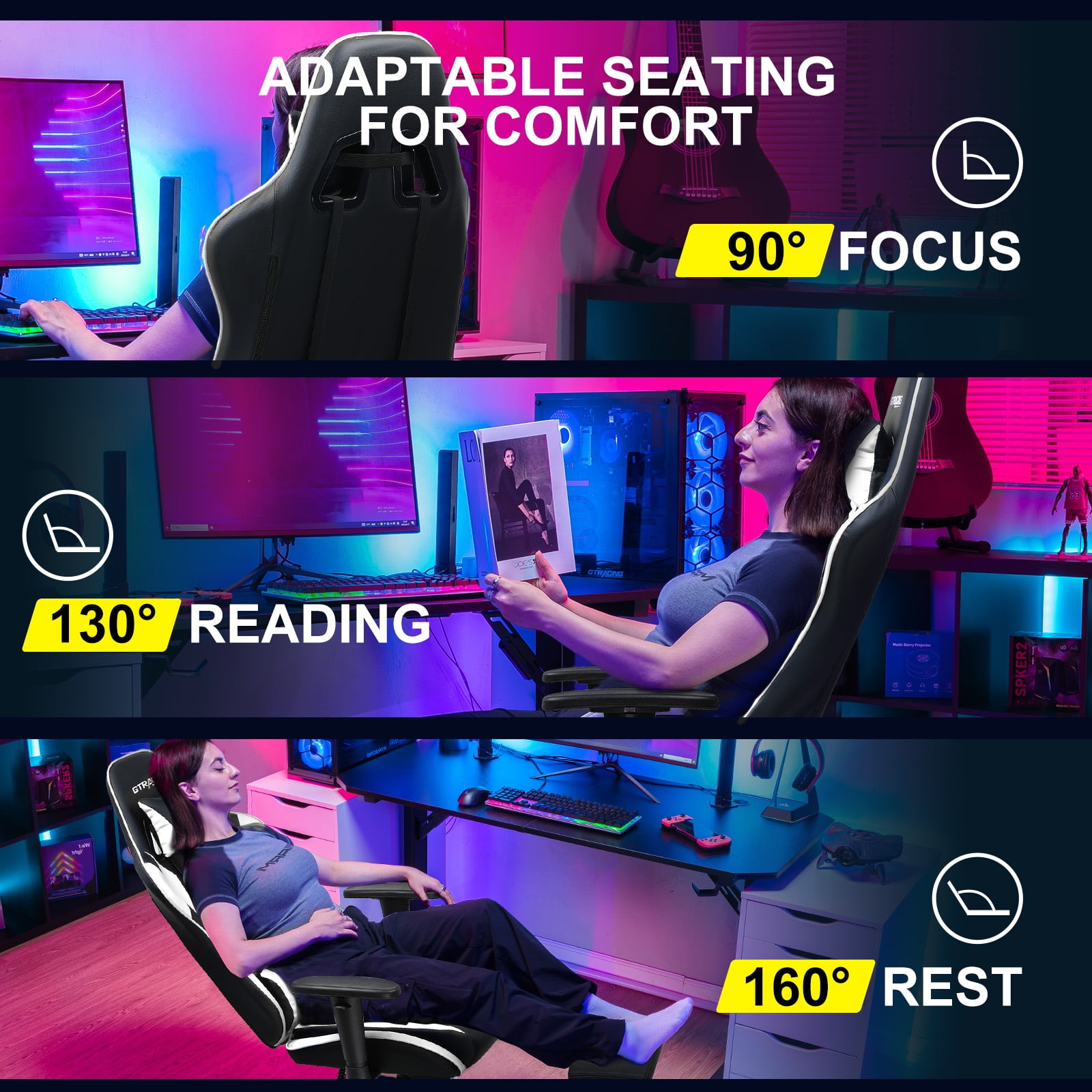 GTRACING Gaming Chair with Footrest Ergonomic Reclining Office Chair Swivel Rocker, White