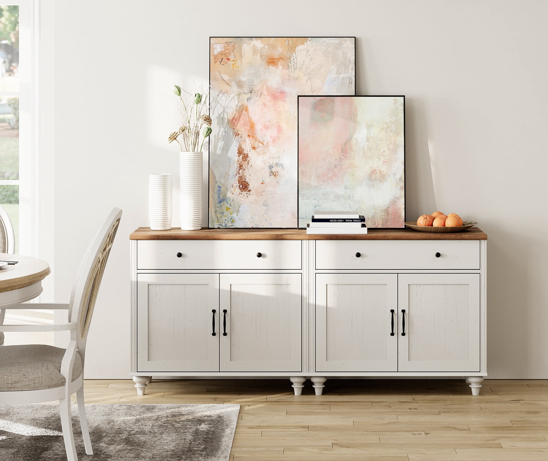 Sideboards Cabinet with 4 Doors and 2 Drawers, Farmhouse Large Buffet Cabinet Wood Kitchen Storage Cabinets, Modern Sideboard Credenza for Dining Room, White, 68"