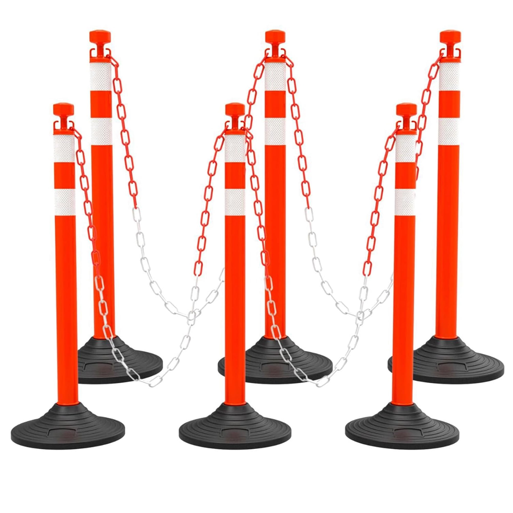 6 Pack 40 Traffic Delineator Posts with 6.6 Ft Plastic Chains Crowd Control Barrier Stanchion Set with Heavy Duty Rubber Base for Parking Lot Driveway Construction (Red)
