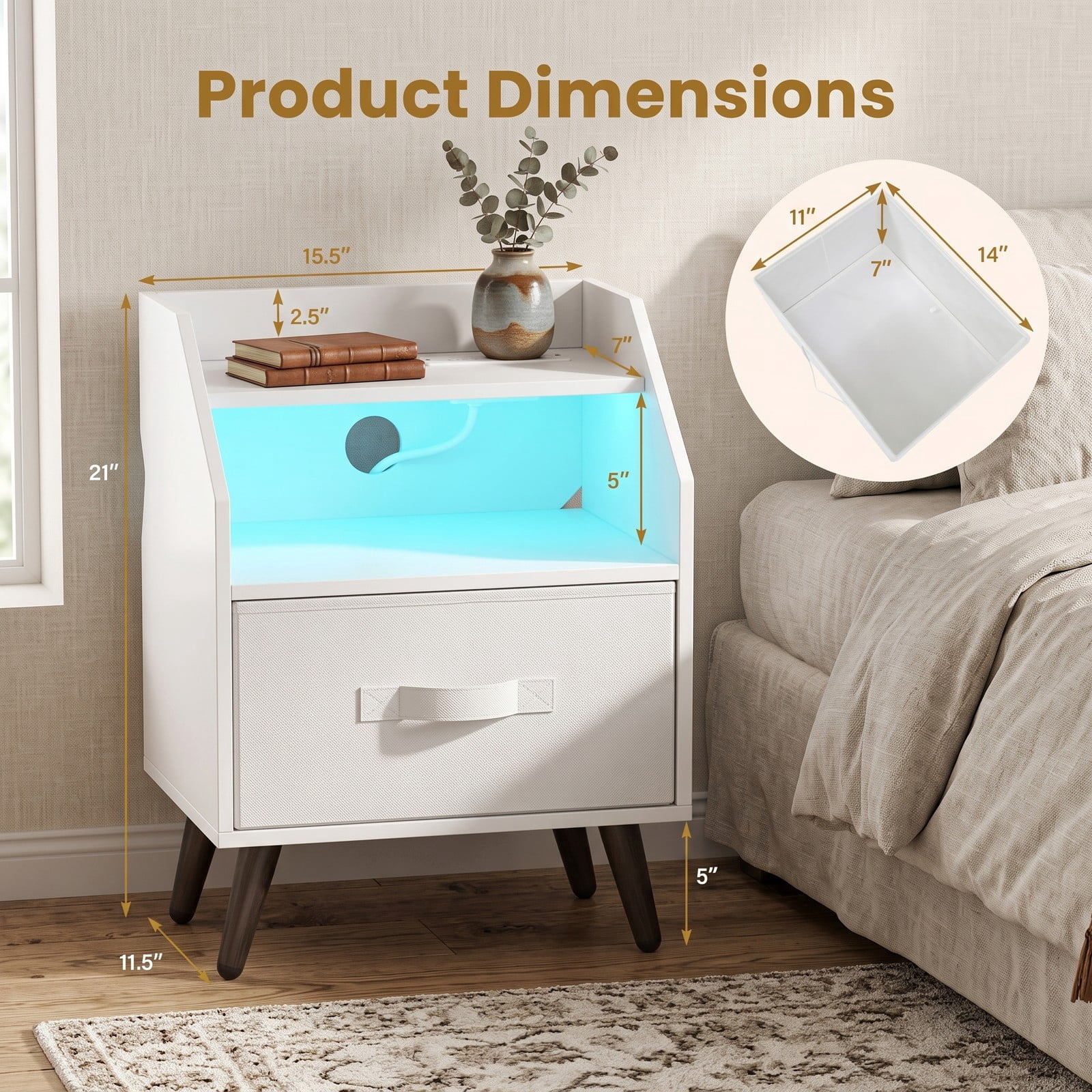 Furnibear Nightstand with LED Light and Charging Station and Fabric Drawer for Bedside Storage in the Bedroom and Living Room, White