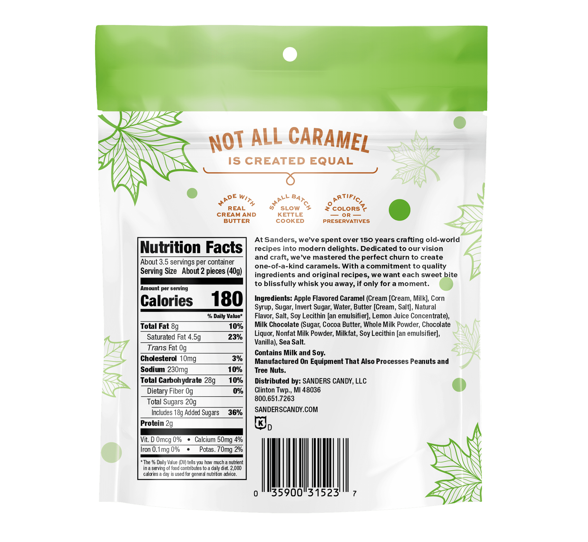 Sanders Milk Chocolate Covered Caramel Apple Flavored Caramels, 5 oz Bag