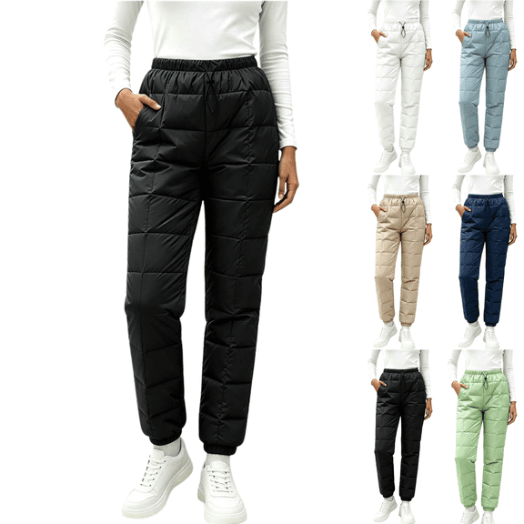 Sunnin Womens Quilted Puffer Pants Winter Snow Pants Drawstring Elastic Waist Cuffed Ankle Side Pockets Trousers
