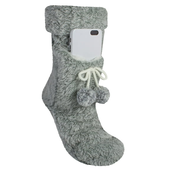 Super Fluff Large Grey Lavender Infused Slipper Sock w/ Phone Pocket