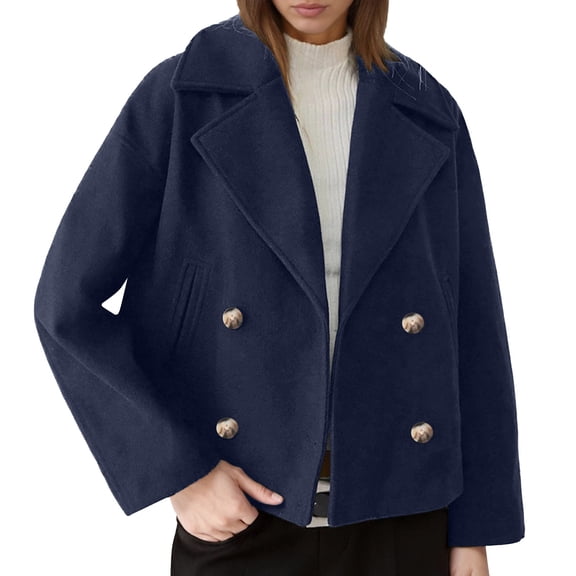 UJNDER Winter Jackets for Women Stylish Plus Size Short Coat with Notched Lapel Thickened Warm Wool Blend Outerwear Blue M