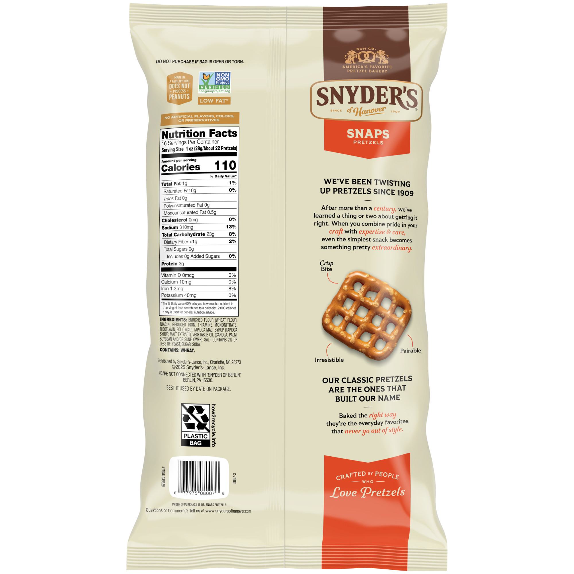 (3 pack) Snyder's of Hanover Snaps Pretzels, 16 oz Bag