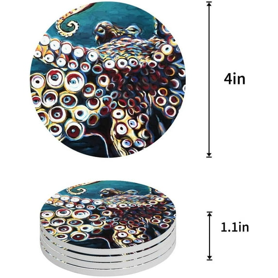 FMSHPON Octopus Set of 8 Round Coaster for Drinks, Absorbent Ceramic Stone Coasters Cup Mat with Cork Base for Home Kitchen Room Coffee Table Bar Decor