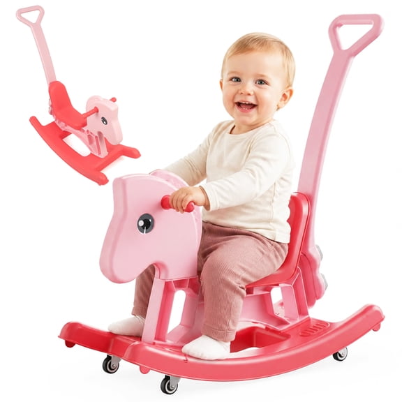 Wdmiya 3 in 1 Rocking Horse for Toddlers 1 Years Old, 360° Rotation Ride On Toy with Detachable Wheels, Anti-Slip Footrest, Balance Bike with Push Handle, Baby Rocking Toy Fun Birthday Gift, Pink