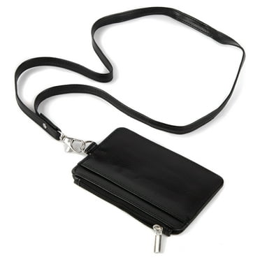 Essentials Brand Women's Adult Black Vegan Leather Lanyard with Zipper Wallet, 19" Length, One Size Fits Most