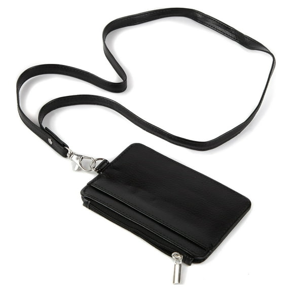 Essentials Unisex Adult Black Faux Leather Lanyard with Zipper Wallet, 19" Length, One Size Fits Most