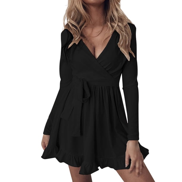 Vestido Casual Para Mujer Con Cuello en V Vestido de Color Sólido Con Volantes de Manga Larga Vestido Con Cinturón Odeerbi ODB113471