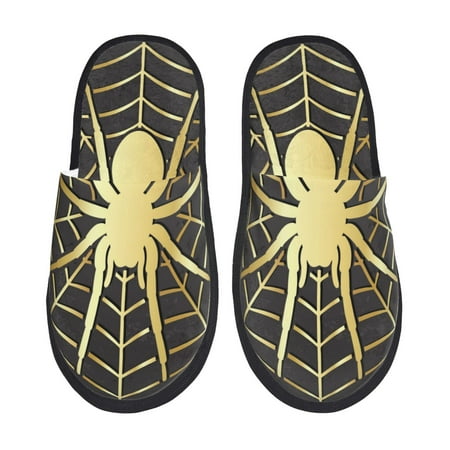 

Fuzoiu Gold Spider On The Web Print Unisex Furry Slippers Plush Indoor Shoes Trendy House Slippers Anti-Skid EVA Sole House Shoes for Home Office and Travel -Large