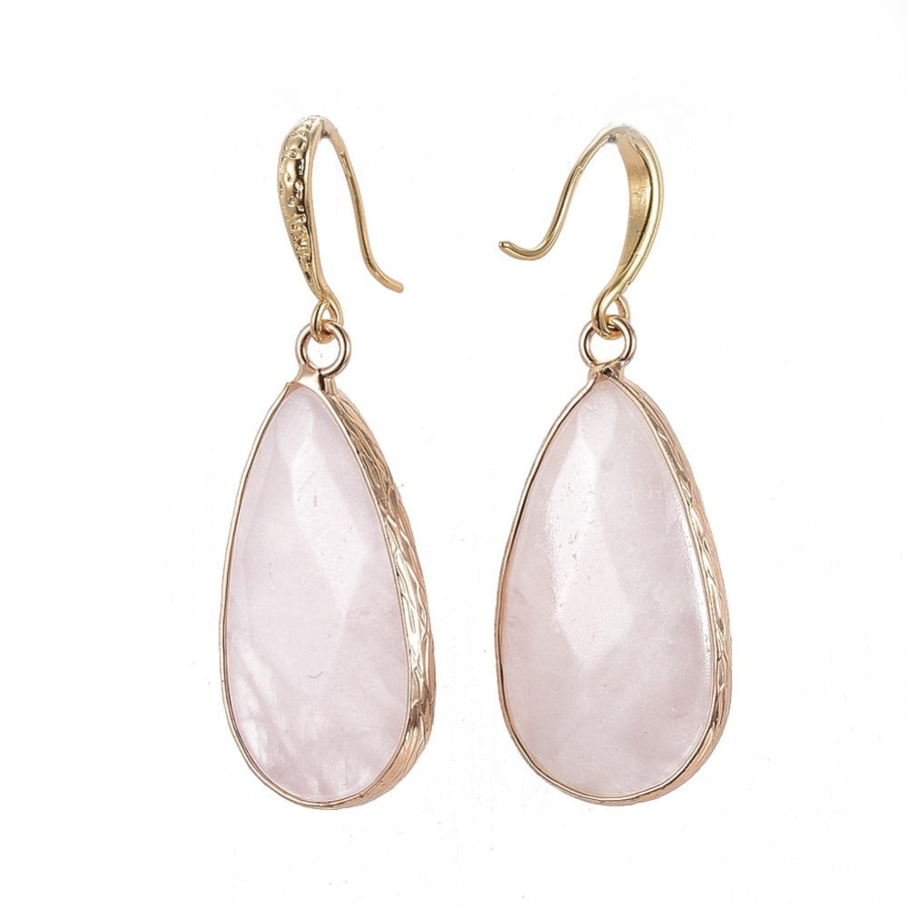 Teardrop Natural Rose Quartz Dangle Earrings with Brass Earring Hooks Packing box Real 18K golden Plated 45.5~46mm Pin: 0.7mm