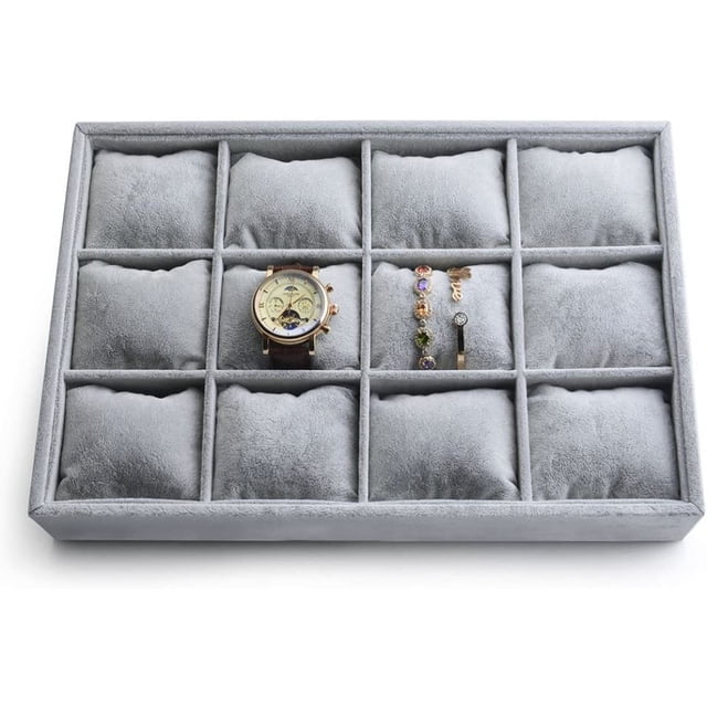 Oirlv Bandeja de joyería de Terciopelo Gris con 12 Rejillas para Relojes, Pulseras, Brazaletes, joyería, Bandeja para Relojes, Bandeja para Relojes
