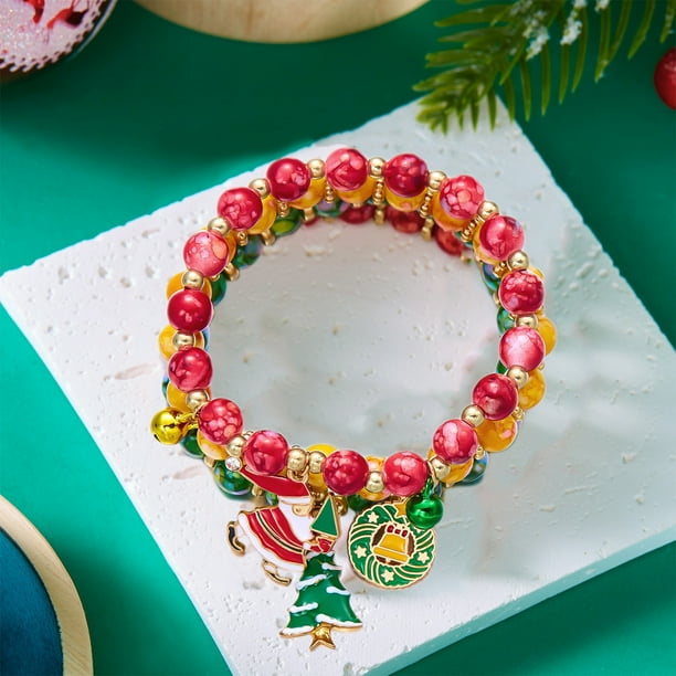Set de pulseras de Papá Noel con muñeco de nieve con árbol de Navidad - Pulseras festivas de aleación de 3 piezas para mujer, joyería navideña multicolor con cuentas, ajustable de 7 pulgadas