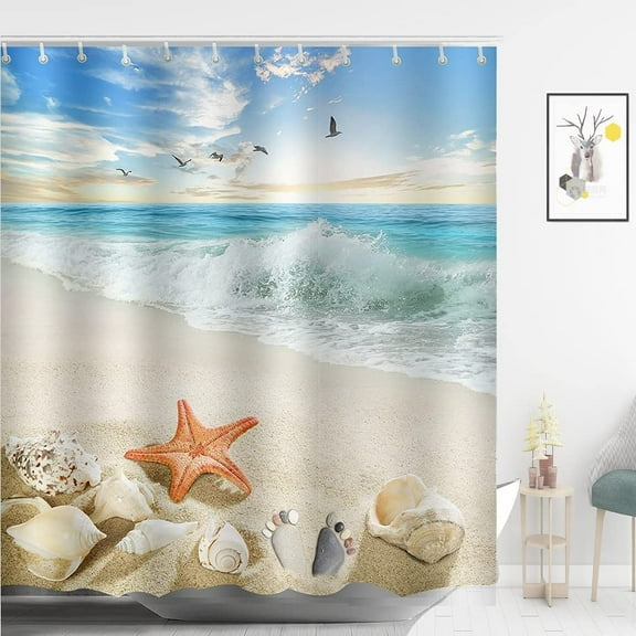 Starfish Beach Shower Curtain Set Seashell Beach Theme Waterproof Polyester Fabric Bathroom Decor 72 x 72 inch
