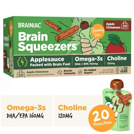 Brainiac Omega-3 Applesauce, Cinnamon No Sugar Added, 3.2oz, 20 Ct
