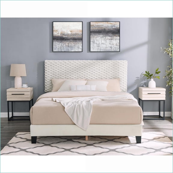 Bedroom Set, Queen 3-Piece with Plush 3D Upholstered Ivory Headboard & 2 Nightstands | No Box Spring Needed | Fabric,MDF,Upholstered | Standard Beds