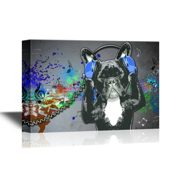 wall26 - Canvas Wall Art - Dog Listening to Music Funny Animal Concept - Gallery Wrap Modern Home Art | Ready to Hang - 16x24 inches