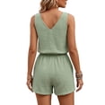thumbnail image 4 of Womens Romper Sleeveless Spaghetti Strap Linen Overalls V Neck Button Front Drawstring Waist Jumpsuit Shorts with Pockets Cyan XS, 4 of 4