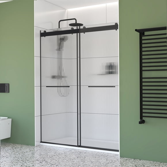 60" x 32" Black Alcove Sliding Shower Kit – Frameless Double Bypass Doors with 6 mm Fluted Tempered Glass, Reversible Installation & SMC Base