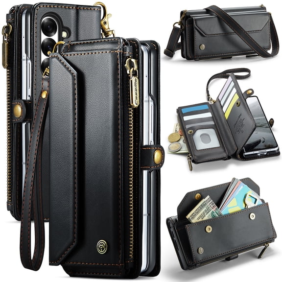 Crossbody for Samsung Galaxy Z Fold 8 Ultra Case Wallet【RFID Blocking】with Card Holder Zipper Bills Slot & S Pen Holder, Soft PU Leather Magnetic Shoulder Wrist Strap Wallet Case Women, Black