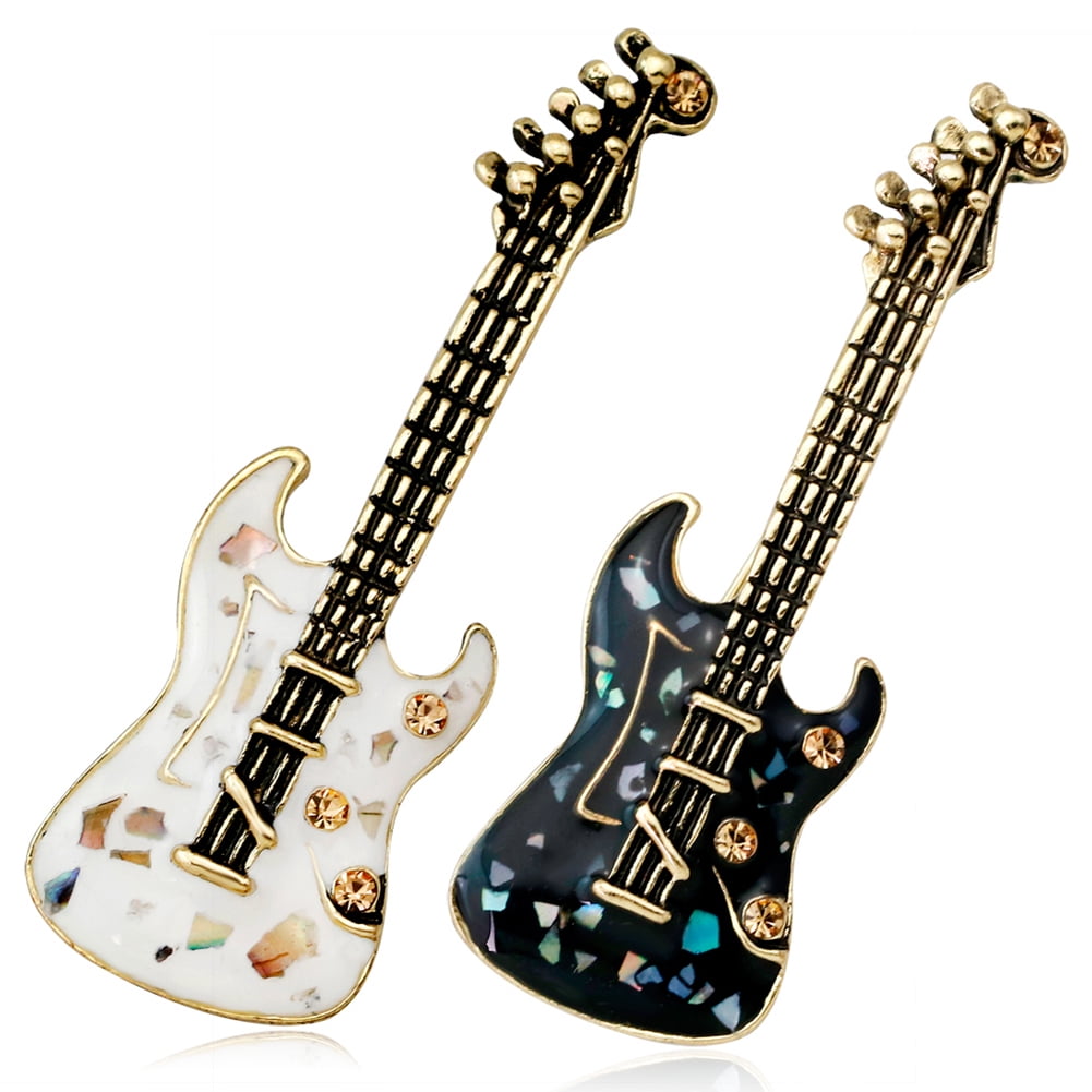 Cat Brooch Pin Badge Enamel Gift Black Guitar Music White Jewellery Cat Lover