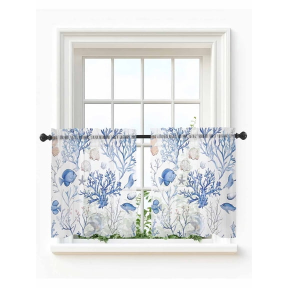 Blue Coastal Tier Curtains 36 Inch Length, Sheer Curtains for Bedroom Living Room Window, Summer Ocean Fish Shell Rod Pocket Voile Drapes Kitchen Curtains Small Half Window 27.5"x36" 2 Panels