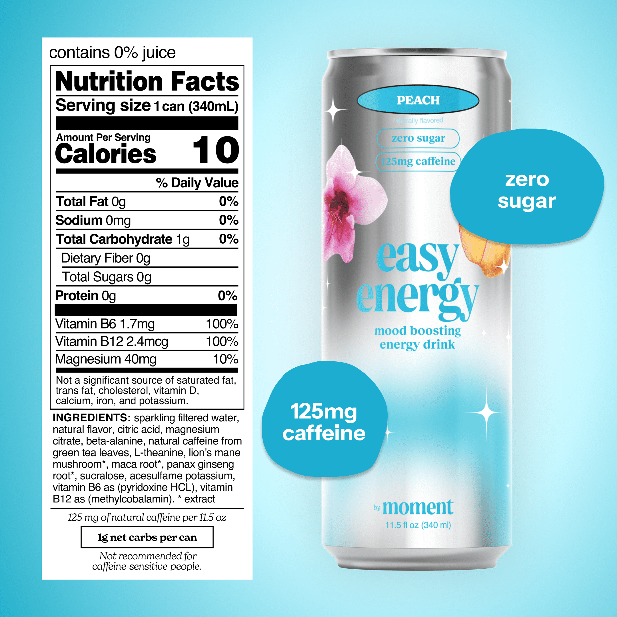 Moment Easy Energy Drink (Peach) – Zero Added Sugar Sparkling Energy Drinks with Natural Caffeine, Magnesium, B Vitamins & Lion’s Mane – L-Theanine & Adaptogens for Mood, Focus & Clarity – 12 Pack