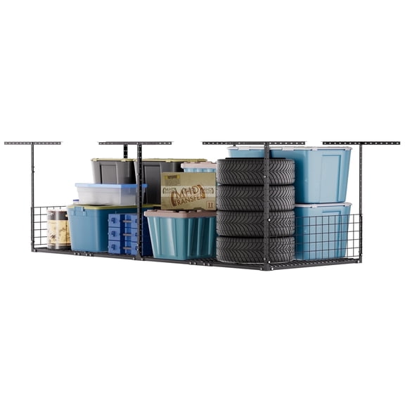 YOHKOH 3x8FT Overhead Garage Storage Rack, Heavy-Duty Adjustable Ceiling Shelving System (22"-42"H) with Side Guardrails, 600 lb Capacity