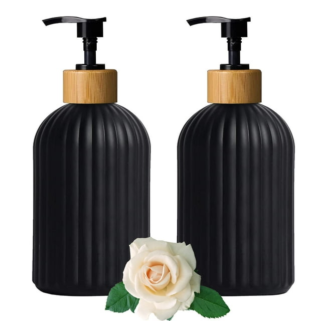 Set dispensador de jabón YYTSGG de vidrio negro con bomba de bambú de 400 ml (2)