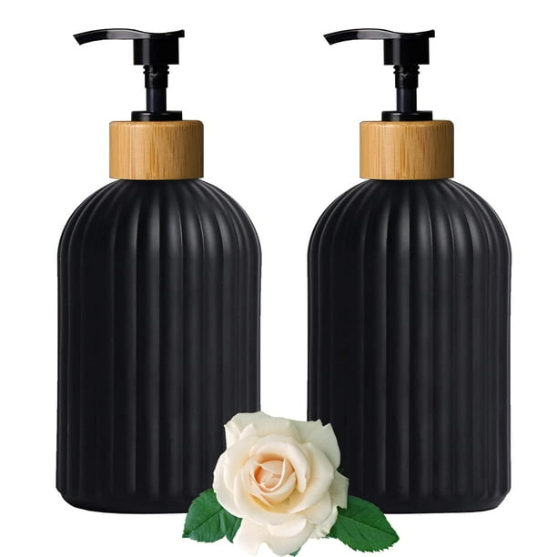 Set dispensador de jabón YYTSGG de vidrio negro con bomba de bambú de 400 ml (2)