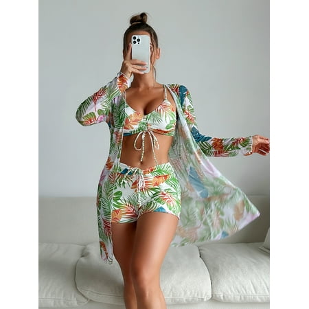 Women s 3 Piece Swimsuit Halter Triangle High Cut Bikini Set Sheer Mesh Cover Up Romper