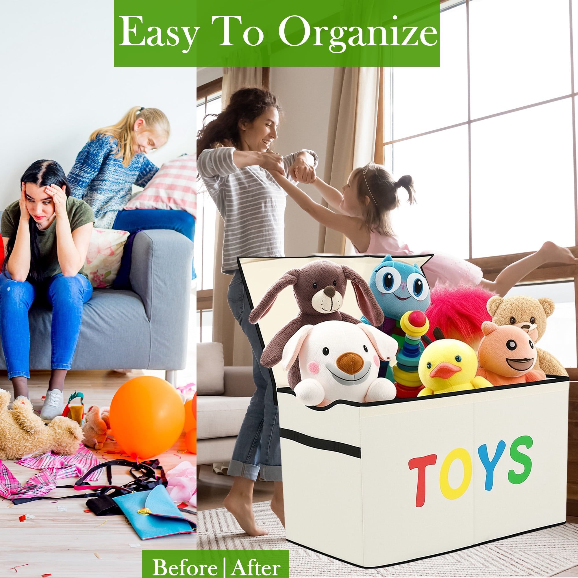 VICTORICH Extra Large Children's Collapsible Toy Storage Fabric 32 gal Kids Room Toy Chest, Beige