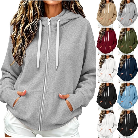 VBVC Women's Thumbhole Full Zip Hooded Sweatshirt , Contrast Drawstring Hoodie For Women , Ladies' Y2K Basic Long Sleeve Top with Pockets, Gray , S-2XL