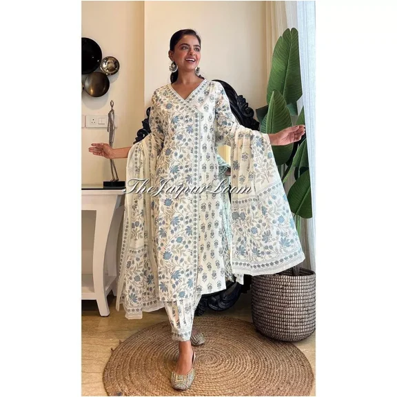 Indian Bollywood Ethnic Kurta Suit Designer Beautiful Kurti Afghani Pant Set V- Neck 36