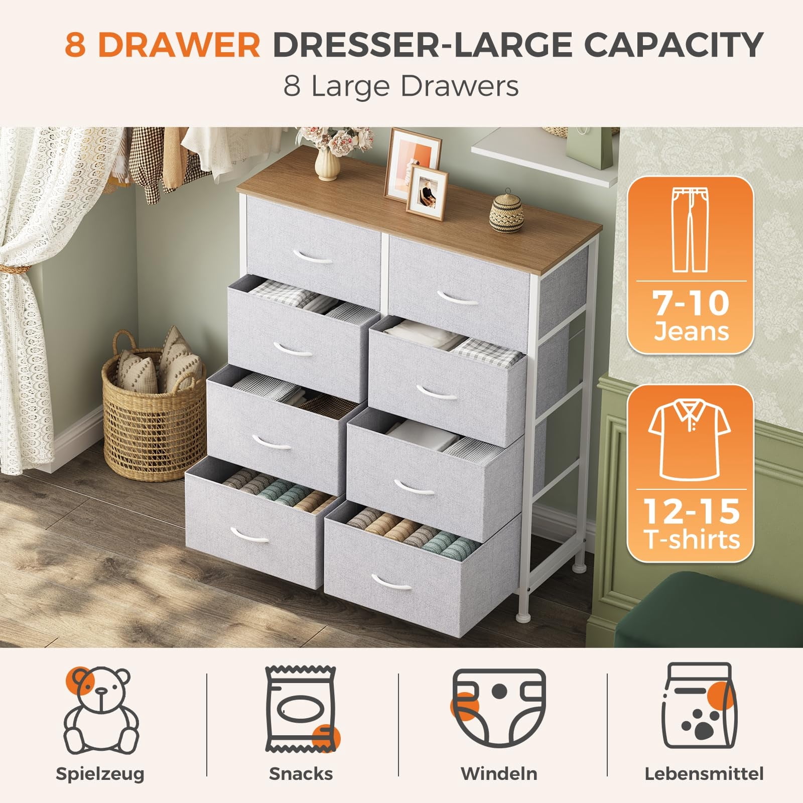 Telyra 8-Drawer Fabric Dresser Tall Storage Tower with Wood Top and Steel Frame Bedroom Closet Organizer, Light Gray