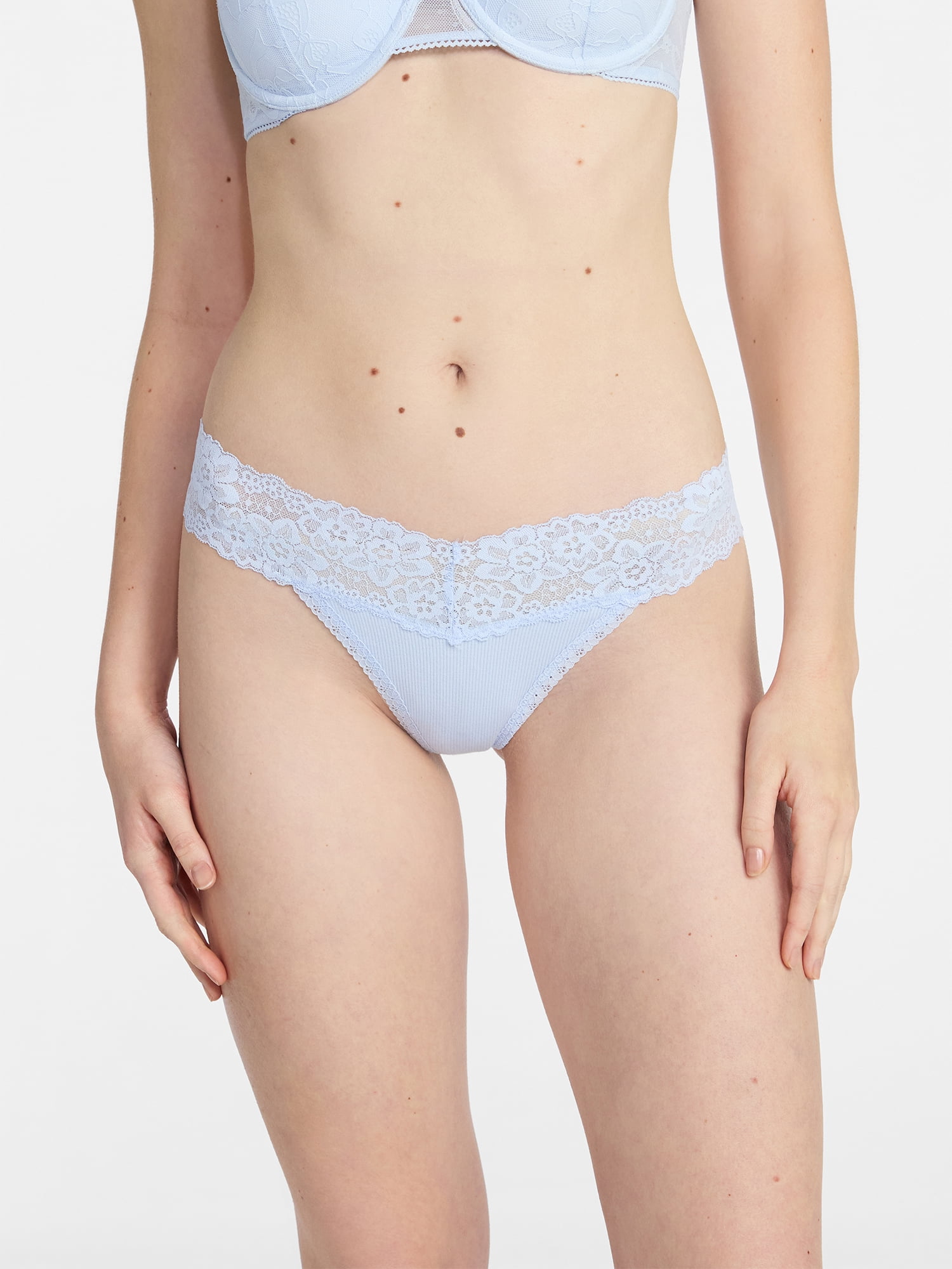No Boundaries Lace Trim Cotton Rib Thong Panties, 3-Pack, Women's XS-XXXL