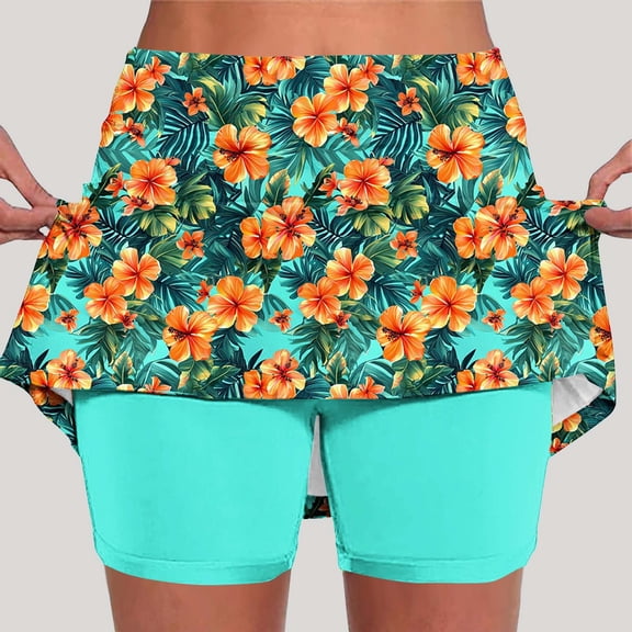DailyTrove Women Colorful Floral Print Skort Casual Beach Athletic Skirt with Inner Shorts