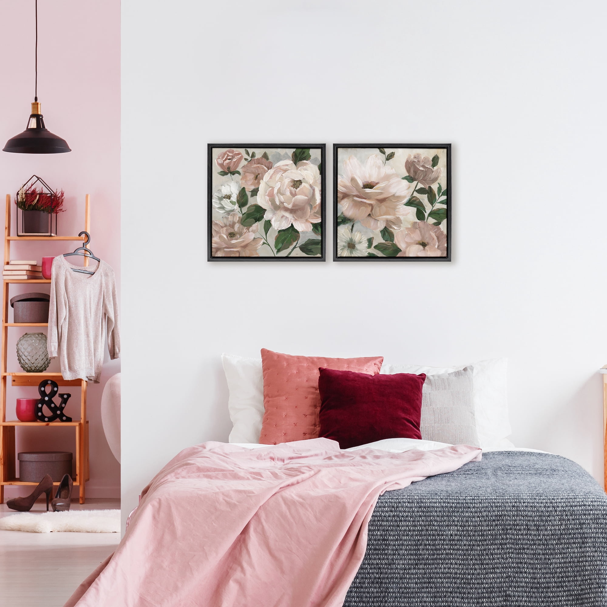 Stupell Industries Elegant Blush Peonies & Leaves 2 Piece Black Framed Floater Canvas Set, design by Nan