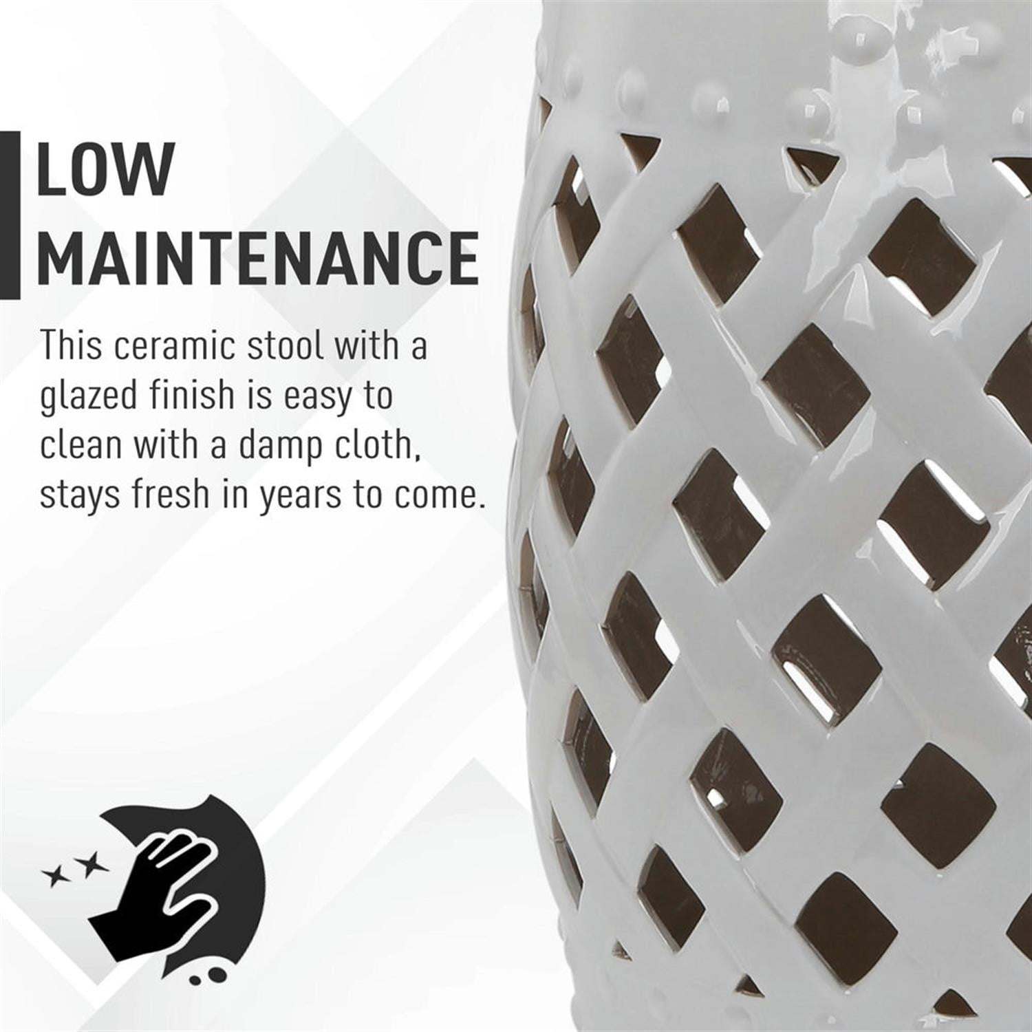 Demi Bonn 12" Large Outdoor Ceramic Stool with Intricate Lattice Design, Decorative Stool for Garden or Patio, White