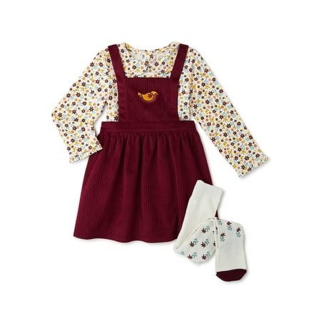 Wonder Nation Baby Girl Pinafore Dress, Long Sleeve Top and Tights Set, 3-Piece, Sizes 0/3M-24M