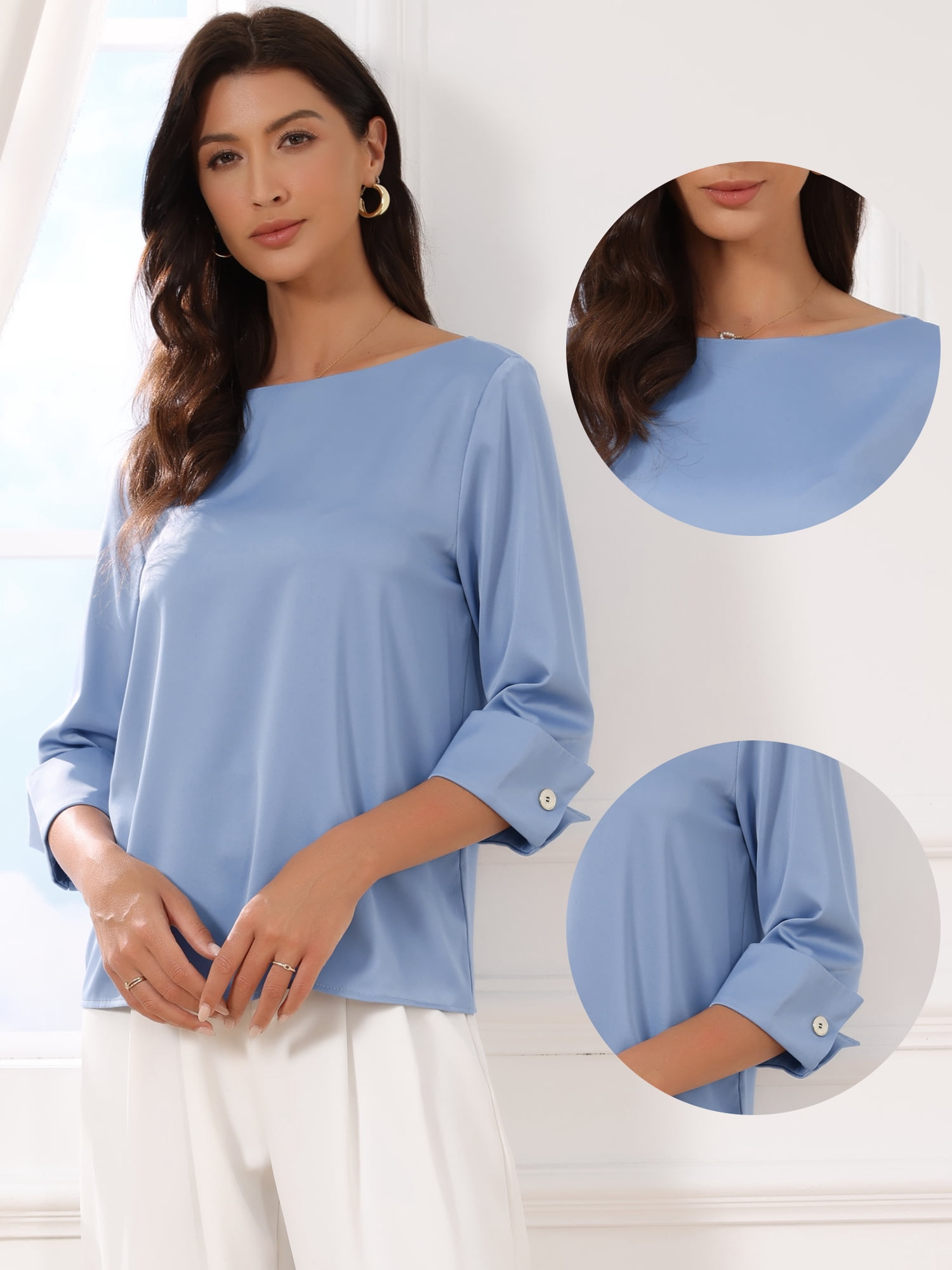 DARING DIVA Women's Satin Boat Neck 3/4 Sleeve Business Shirt M Blue