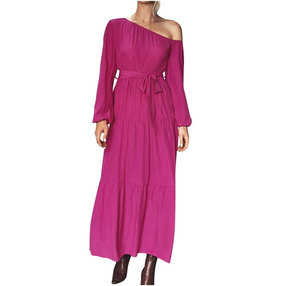 One Shoulder Dress for Women Long Sleeve Solid Color Tie Waist Maxi Dress Fashion Tiered Flowy Swing Fall Long Dress