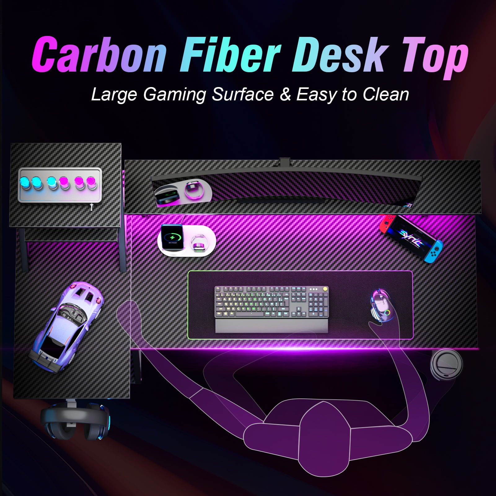 Satifur 39" Carbon Fiber Gaming Desk L-Shaped Computer Desk, RGB Lights & Power Outlets, Black