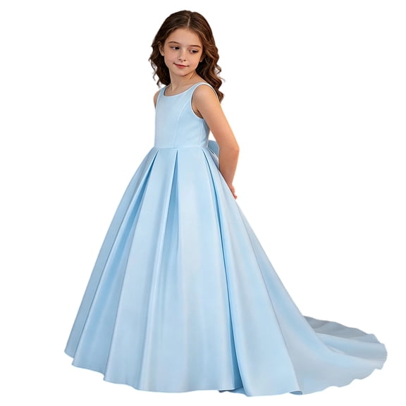 Fgnfyis Dresses for Girls Satin Wedding Pageant Sleeveless Back Bow Sash Performance Gown Girls Summer Dress Sky Blue 9 Years