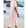 thumbnail image 6 of Womens Loose Fit Casual Linen Blend Solid Color Round Neck Short Sleeve Midi Dress Beach Pink XXL, 6 of 9