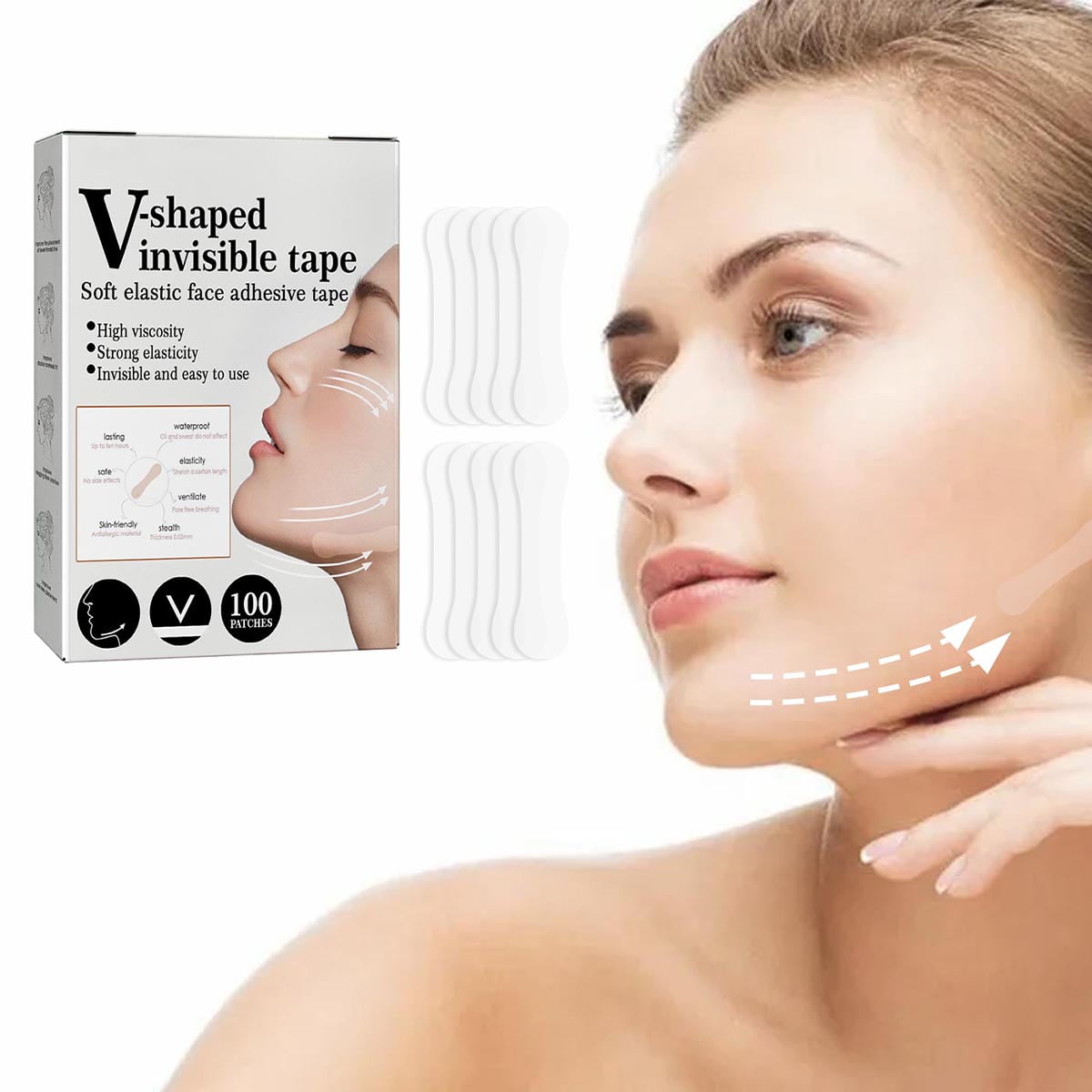 ALIMARO 100Pcs Face Lift Tape Instant Invisible Waterproof Breathable Elastic Wrinkle Lifting Patch V-Line Face Makeup Face Lift Tool for Face Neck Eyes Double Chin