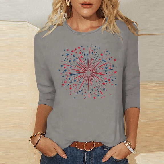 Kinrui Womens Plus Size T-Shirts 3/4 Sleeve 4th of July Tunic Tops Casual Crew Neck American Flag Graphic Tees 250 Years Gray 3XL