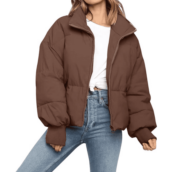 Women’s Winter Oversized Cropped Puffer Coton Jacket Coat Casual Quilted Baggy Long Sleeve Zip Down Jackets Outerwear