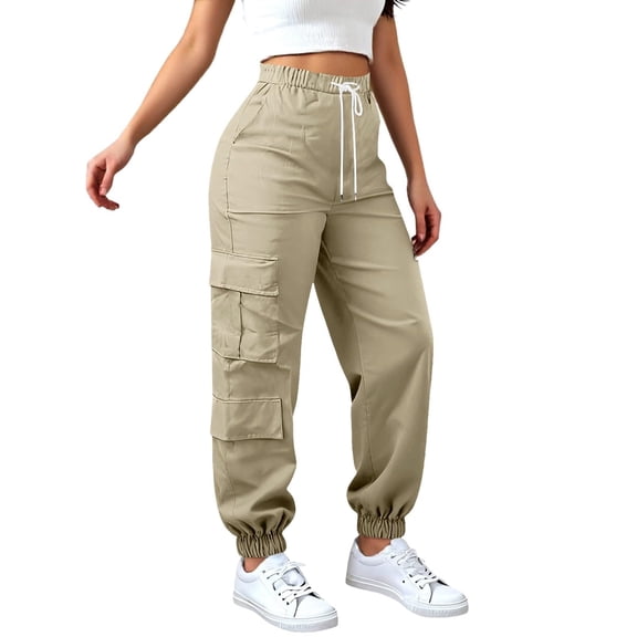 Women's Cargo Sweatpants, High Waisted Baggy Joggers with Pockets, Straight Leg Elastic Ankle Athletic Trousers for Hiking, Workout and Casual Wear Beige L